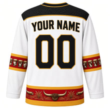 Load image into Gallery viewer, Uganda Original Hockey Jersey in Rwenzori White, back view with your name and number – barkcloth and basketry yoke and ngoma drum sleeve bands