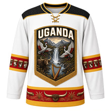 Load image into Gallery viewer, Uganda Original Hockey Jersey in Rwenzori White, front view – ornate barkcloth-banner crest with dancing crowned cranes, Murchison Falls and Ankole cattle, detailed artwork, custom name and number