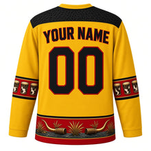 Load image into Gallery viewer, Uganda Original Hockey Jersey in Equator Yellow, back view with your name and number – barkcloth and basketry yoke and ngoma drum sleeve bands