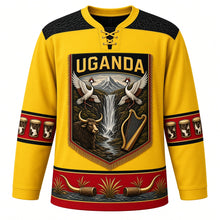 Load image into Gallery viewer, Uganda Original Hockey Jersey in Equator Yellow, front view – ornate barkcloth-banner crest with dancing crowned cranes, Murchison Falls and Ankole cattle, detailed artwork, custom name and number