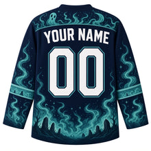 Load image into Gallery viewer, Ugly Halloween Banshee Moor Wail Hockey Jersey in Midnight Black, back view with a mist swirl and crescent moon yoke, standing stone sleeve bands, stone-and-tree hem band, arched YOUR NAME lettering and 00 – custom name and number
