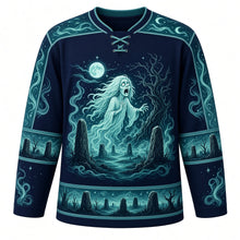 Load image into Gallery viewer, Ugly Halloween Banshee Moor Wail Hockey Jersey in Midnight Black, front view – midnight black body with a pale wailing banshee spirit crest over a misty moor with standing stones, twisted trees and a full moon, mist swirl yoke, standing stone sleeve bands and a stone-and-tree hem band – custom name and number