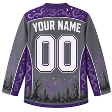 Load image into Gallery viewer, Ugly Halloween Banshee Moor Wail Hockey Jersey in Moor Gray, back view with a mist swirl and crescent moon yoke, standing stone sleeve bands, stone-and-tree hem band, arched YOUR NAME lettering and 00 – custom name and number