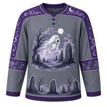 Load image into Gallery viewer, Ugly Halloween Banshee Moor Wail Hockey Jersey in Moor Gray, front view – moor gray body with a pale wailing banshee spirit crest over a misty moor with standing stones, twisted trees and a full moon, mist swirl yoke, standing stone sleeve bands and a stone-and-tree hem band – custom name and number