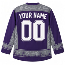 Load image into Gallery viewer, Ugly Halloween Banshee Moor Wail Hockey Jersey in Witch Purple, back view with a mist swirl and crescent moon yoke, standing stone sleeve bands, stone-and-tree hem band, arched YOUR NAME lettering and 00 – custom name and number