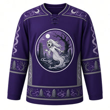 Load image into Gallery viewer, Ugly Halloween Banshee Moor Wail Hockey Jersey in Witch Purple, front view – witch purple body with a pale wailing banshee spirit crest over a misty moor with standing stones, twisted trees and a full moon, mist swirl yoke, standing stone sleeve bands and a stone-and-tree hem band – custom name and number