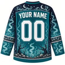 Load image into Gallery viewer, Ugly Halloween Banshee Moor Wail Hockey Jersey in Ghostly Teal, back view with a mist swirl and crescent moon yoke, standing stone sleeve bands, stone-and-tree hem band, arched YOUR NAME lettering and 00 – custom name and number
