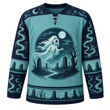 Load image into Gallery viewer, Ugly Halloween Banshee Moor Wail Hockey Jersey in Ghostly Teal, front view – ghostly teal body with a pale wailing banshee spirit crest over a misty moor with standing stones, twisted trees and a full moon, mist swirl yoke, standing stone sleeve bands and a stone-and-tree hem band – custom name and number
