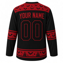 Load image into Gallery viewer, Ugly Halloween Vampire Bat Night Hockey Jersey in Midnight Black, back view with a bat and crescent-moon yoke, bat-wing sleeve bands, bat hem band, arched YOUR NAME lettering and 00 – custom name and number
