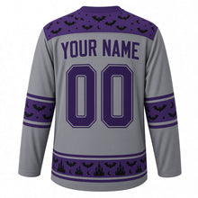 Load image into Gallery viewer, Ugly Halloween Vampire Bat Night Hockey Jersey in Graveyard Gray, back view with a bat and crescent-moon yoke, bat-wing sleeve bands, bat hem band, arched YOUR NAME lettering and 00 – custom name and number