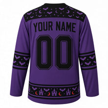 Load image into Gallery viewer, Ugly Halloween Vampire Bat Night Hockey Jersey in Witch Purple, back view with a bat and crescent-moon yoke, bat-wing sleeve bands, bat hem band, arched YOUR NAME lettering and 00 – custom name and number
