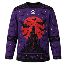Load image into Gallery viewer, Ugly Halloween Vampire Bat Night Hockey Jersey in Witch Purple, front view – witch purple body with black yoke with a round vampire-bat crest with a huge full moon, a crooked castle and a faceless caped silhouette, bat yoke, bat-wing sleeve bands and a bat and moon hem band – custom name and number