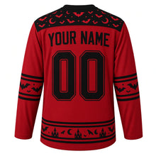 Load image into Gallery viewer, Ugly Halloween Vampire Bat Night Hockey Jersey in Blood Moon Red, back view with a bat and crescent-moon yoke, bat-wing sleeve bands, bat hem band, arched YOUR NAME lettering and 00 – custom name and number