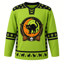 Load image into Gallery viewer, Ugly Halloween Black Cat Curse Hockey Jersey in Poison Green, front view – poison green body with an arched hissing black cat with glowing eyes on a crescent moon crest with witch brooms, magic sparkles, tiny cartoon skulls and paw prints, paw print yoke, broom sleeve bands and a black cat hem band – custom name and number