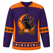 Load image into Gallery viewer, Ugly Halloween Black Cat Curse Hockey Jersey in Witch Purple, front view – witch purple body with an arched hissing black cat with glowing eyes on a crescent moon crest with witch brooms, magic sparkles, tiny cartoon skulls and paw prints, paw print yoke, broom sleeve bands and a black cat hem band – custom name and number