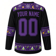 Load image into Gallery viewer, Ugly Halloween Witches Cauldron Hockey Jersey in Midnight Black, back view with a potion bottle and spider web yoke, broom and witch hat sleeve bands, cauldron hem band, arched YOUR NAME lettering and 00 – custom name and number
