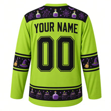 Load image into Gallery viewer, Ugly Halloween Witches Cauldron Hockey Jersey in Toxic Green, back view with a potion bottle and spider web yoke, broom and witch hat sleeve bands, cauldron hem band, arched YOUR NAME lettering and 00 – custom name and number