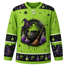 Load image into Gallery viewer, Ugly Halloween Witches Cauldron Hockey Jersey in Toxic Green, front view – toxic green body with black yoke with a round bubbling witches cauldron crest with green brew, potion bottles, broom, witch hat and spiders, potion yoke, broom and hat sleeve bands and a cauldron hem band – custom name and number