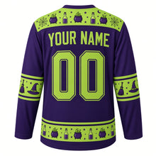 Load image into Gallery viewer, Ugly Halloween Witches Cauldron Hockey Jersey in Witch Purple, back view with a potion bottle and spider web yoke, broom and witch hat sleeve bands, cauldron hem band, arched YOUR NAME lettering and 00 – custom name and number