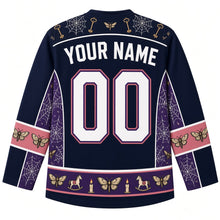 Load image into Gallery viewer, Ugly Halloween Haunted Doll Attic Hockey Jersey in Midnight Black, back view with a cobweb-and-key yoke, spinning-top-and-moth sleeve bands, rocking-horse-and-candle hem band, arched YOUR NAME lettering and 00 – custom name and number