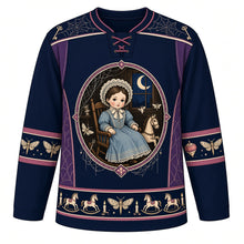 Load image into Gallery viewer, Ugly Halloween Haunted Doll Attic Hockey Jersey in Midnight Black, front view – midnight black body with purple and dusty rose trim with an antique porcelain doll in a lace bonnet in a rocking chair under a moonlit attic window, cobwebs, a rocking horse and moths, cobweb-and-key yoke, spinning-top-and-moth sleeve bands and a rocking-horse hem band – custom name and number