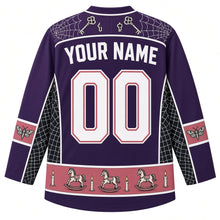 Load image into Gallery viewer, Ugly Halloween Haunted Doll Attic Hockey Jersey in Haunted Purple, back view with a cobweb-and-key yoke, spinning-top-and-moth sleeve bands, rocking-horse-and-candle hem band, arched YOUR NAME lettering and 00 – custom name and number