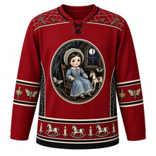 Load image into Gallery viewer, Ugly Halloween Haunted Doll Attic Hockey Jersey in Blood Moon Red, front view – blood moon red body with black trim with an antique porcelain doll in a lace bonnet in a rocking chair under a moonlit attic window, cobwebs, a rocking horse and moths, cobweb-and-key yoke, spinning-top-and-moth sleeve bands and a rocking-horse hem band – custom name and number