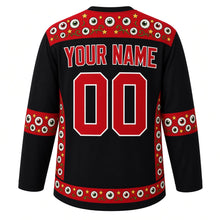 Load image into Gallery viewer, Ugly Halloween Creepy Eyeball Stare Hockey Jersey in Midnight Black, back view with a staring eyes yoke, tentacle vine sleeve bands, eyeball hem band, arched YOUR NAME lettering and 00 – custom name and number