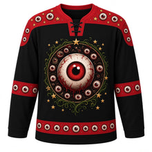 Load image into Gallery viewer, Ugly Halloween Creepy Eyeball Stare Hockey Jersey in Midnight Black, front view – midnight black body with a giant bulging veiny eyeball crest surrounded by many staring eyes peeking from darkness, tentacle-like vines and stars, blinking eye yoke, vine sleeve bands and a staring eyeball hem band – custom name and number