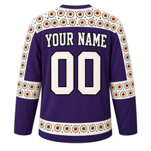 Load image into Gallery viewer, Ugly Halloween Creepy Eyeball Stare Hockey Jersey in Haunted Purple, back view with a staring eyes yoke, tentacle vine sleeve bands, eyeball hem band, arched YOUR NAME lettering and 00 – custom name and number