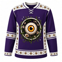 Load image into Gallery viewer, Ugly Halloween Creepy Eyeball Stare Hockey Jersey in Haunted Purple, front view – haunted purple body with a giant bulging veiny eyeball crest surrounded by many staring eyes peeking from darkness, tentacle-like vines and stars, blinking eye yoke, vine sleeve bands and a staring eyeball hem band – custom name and number
