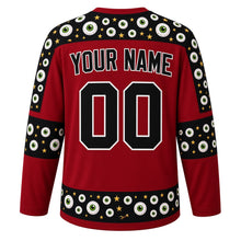 Load image into Gallery viewer, Ugly Halloween Creepy Eyeball Stare Hockey Jersey in Blood Moon Red, back view with a staring eyes yoke, tentacle vine sleeve bands, eyeball hem band, arched YOUR NAME lettering and 00 – custom name and number