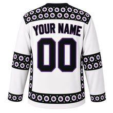 Load image into Gallery viewer, Ugly Halloween Creepy Eyeball Stare Hockey Jersey in Bone White, back view with a staring eyes yoke, tentacle vine sleeve bands, eyeball hem band, arched YOUR NAME lettering and 00 – custom name and number