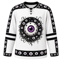 Load image into Gallery viewer, Ugly Halloween Creepy Eyeball Stare Hockey Jersey in Bone White, front view – bone white body with a giant bulging veiny eyeball crest surrounded by many staring eyes peeking from darkness, tentacle-like vines and stars, blinking eye yoke, vine sleeve bands and a staring eyeball hem band – custom name and number