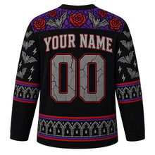 Load image into Gallery viewer, Ugly Halloween Gargoyle Cathedral Hockey Jersey in Midnight Black, back view with a rose window and bat yoke, gothic arch sleeve bands, spire hem band, arched YOUR NAME lettering and 00 – custom name and number