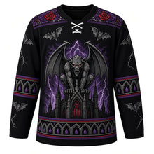 Load image into Gallery viewer, Ugly Halloween Gargoyle Cathedral Hockey Jersey in Midnight Black, front view – midnight black body with a winged stone gargoyle with glowing eyes crest on a gothic spire with stained-glass rose windows, rain, lightning and bats, rose window yoke, gothic arch sleeve bands and a spire hem band – custom name and number