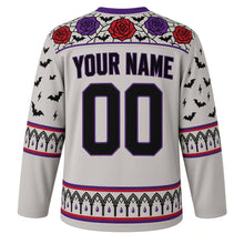 Load image into Gallery viewer, Ugly Halloween Gargoyle Cathedral Hockey Jersey in Stone Gray, back view with a rose window and bat yoke, gothic arch sleeve bands, spire hem band, arched YOUR NAME lettering and 00 – custom name and number