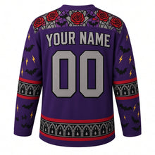 Load image into Gallery viewer, Ugly Halloween Gargoyle Cathedral Hockey Jersey in Haunted Purple, back view with a rose window and bat yoke, gothic arch sleeve bands, spire hem band, arched YOUR NAME lettering and 00 – custom name and number
