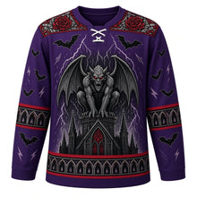 Load image into Gallery viewer, Ugly Halloween Gargoyle Cathedral Hockey Jersey in Haunted Purple, front view – haunted purple body with a winged stone gargoyle with glowing eyes crest on a gothic spire with stained-glass rose windows, rain, lightning and bats, rose window yoke, gothic arch sleeve bands and a spire hem band – custom name and number