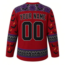 Load image into Gallery viewer, Ugly Halloween Gargoyle Cathedral Hockey Jersey in Blood Moon Red, back view with a rose window and bat yoke, gothic arch sleeve bands, spire hem band, arched YOUR NAME lettering and 00 – custom name and number