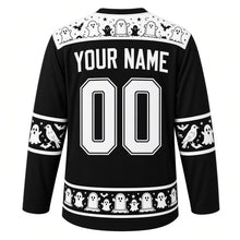 Load image into Gallery viewer, Ugly Halloween Graveyard Ghosts Hockey Jersey in Midnight Black, back view with a ghost and tombstone yoke, ghost and bat sleeve bands, tombstone hem band, arched YOUR NAME lettering and 00 – custom name and number