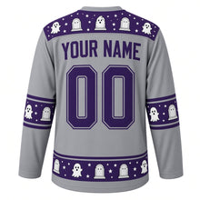 Load image into Gallery viewer, Ugly Halloween Graveyard Ghosts Hockey Jersey in Fog Gray, back view with a ghost and tombstone yoke, ghost and bat sleeve bands, tombstone hem band, arched YOUR NAME lettering and 00 – custom name and number