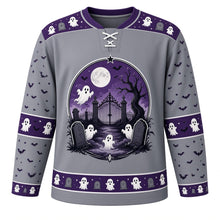 Load image into Gallery viewer, Ugly Halloween Graveyard Ghosts Hockey Jersey in Fog Gray, front view – fog gray body with purple yoke with a round moonlit graveyard crest of floating ghosts, tombstones, bare tree and bats, ghost yoke, ghost and bat sleeve bands and a tombstone hem band – custom name and number