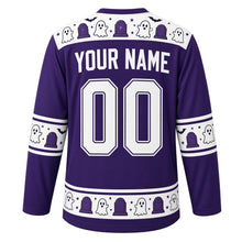 Load image into Gallery viewer, Ugly Halloween Graveyard Ghosts Hockey Jersey in Haunted Purple, back view with a ghost and tombstone yoke, ghost and bat sleeve bands, tombstone hem band, arched YOUR NAME lettering and 00 – custom name and number