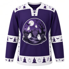 Load image into Gallery viewer, Ugly Halloween Graveyard Ghosts Hockey Jersey in Haunted Purple, front view – haunted purple body with bone white yoke with a round moonlit graveyard crest of floating ghosts, tombstones, bare tree and bats, ghost yoke, ghost and bat sleeve bands and a tombstone hem band – custom name and number