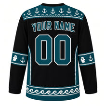 Load image into Gallery viewer, Ugly Halloween Ghost Pirate Ship Hockey Jersey in Midnight Black, back view with an anchor-row yoke, ghost-and-anchor sleeve bands, skull-wave hem band, arched YOUR NAME lettering and 00 – custom name and number