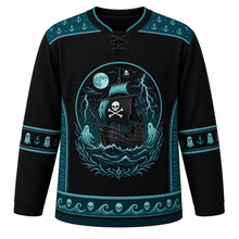 Load image into Gallery viewer, Ugly Halloween Ghost Pirate Ship Hockey Jersey in Midnight Black, front view – midnight black body with teal yoke with a tattered phantom ship with glowing torn sails on stormy waves, ghostly crew, a generic skull-and-crossbones flag and lightning, anchor yoke, ghost sleeve bands and a skull-wave hem band – custom name and number
