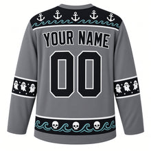 Load image into Gallery viewer, Ugly Halloween Ghost Pirate Ship Hockey Jersey in Fog Gray, back view with an anchor-row yoke, ghost-and-anchor sleeve bands, skull-wave hem band, arched YOUR NAME lettering and 00 – custom name and number