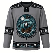 Load image into Gallery viewer, Ugly Halloween Ghost Pirate Ship Hockey Jersey in Fog Gray, front view – fog gray body with black yoke with a tattered phantom ship with glowing torn sails on stormy waves, ghostly crew, a generic skull-and-crossbones flag and lightning, anchor yoke, ghost sleeve bands and a skull-wave hem band – custom name and number