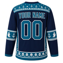 Load image into Gallery viewer, Ugly Halloween Ghost Pirate Ship Hockey Jersey in Phantom Navy, back view with an anchor-row yoke, ghost-and-anchor sleeve bands, skull-wave hem band, arched YOUR NAME lettering and 00 – custom name and number